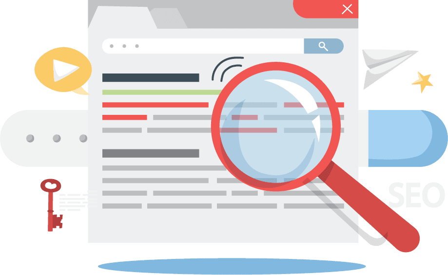 ホームページ上を虫眼鏡で検索しているイラスト