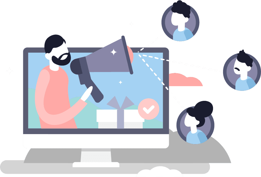 パソコンからメガフォンで声をかけている人イラスト