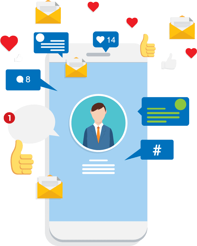 スマホの画面からメールやグッドサインなどがたくさん飛んでるイラスト