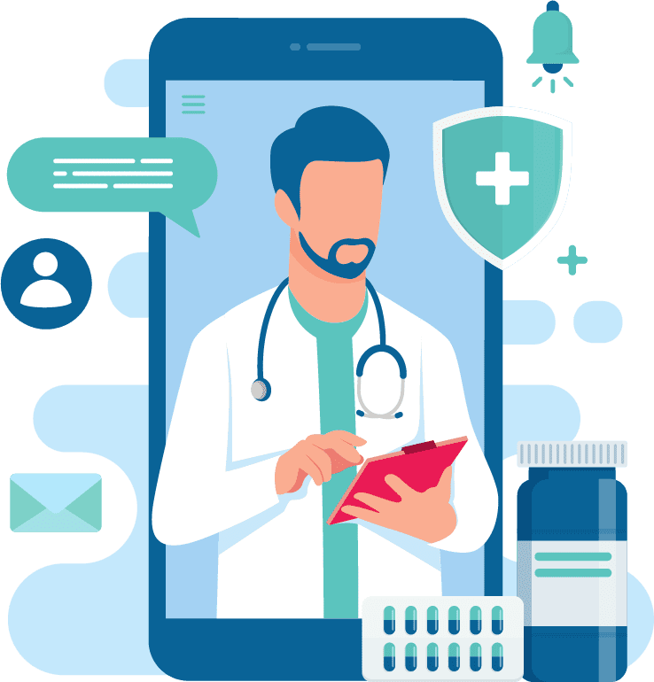 スマホの中にデーターを見ている医師のイラスト